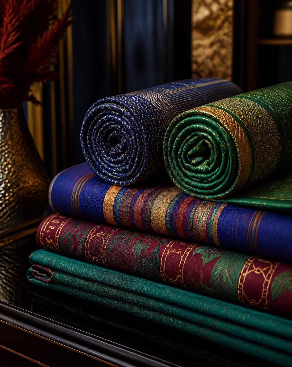 Jonkoso, Tropical Chain and Kavali fabrics folded in jewel tones