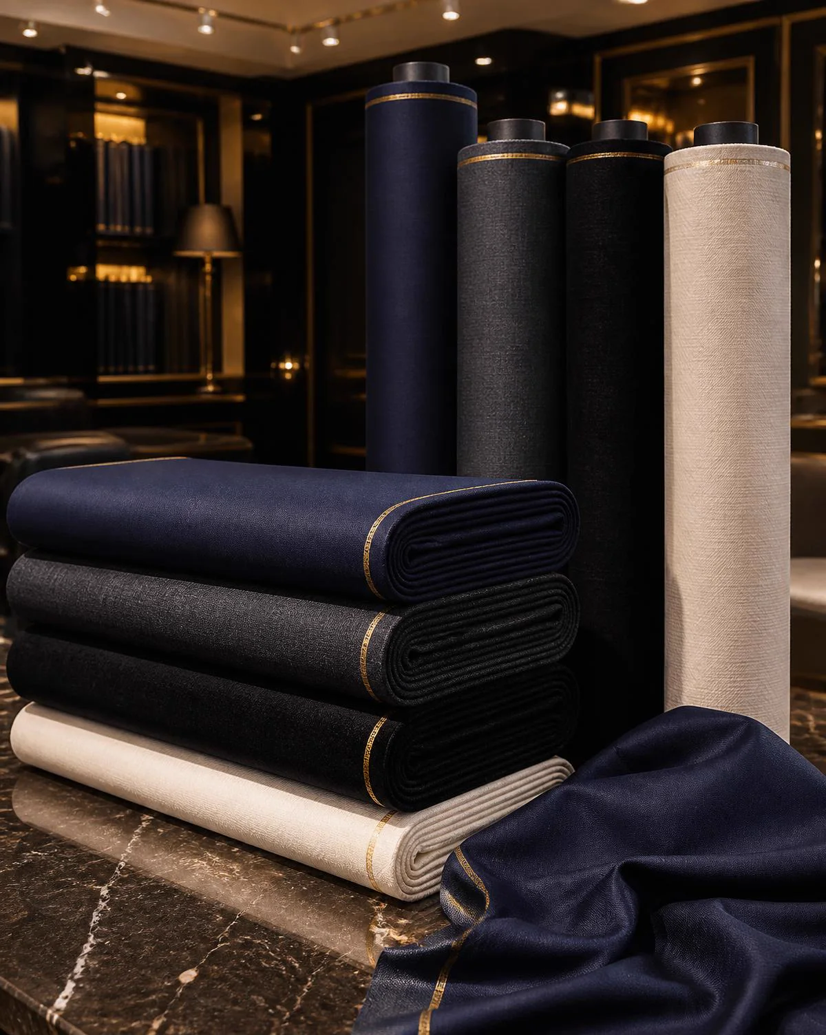Premium Senator and Cashmere fabric rolls in the King Everest Fabrics showroom